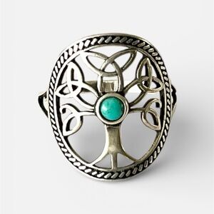 925 Sterling Silver Tree of Life Ring with genuine Turquoise